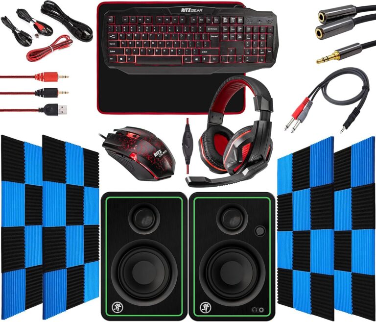 Ritz Gear Red Gaming Accessories Kit I 4-in-1 LED Combo with Multimedia Keyboard, Optical Mouse, Mouse Pad & Headset with Adapter with CR3-X Monitors and 24 Pack Acoustic Soundproof Wedge Panels